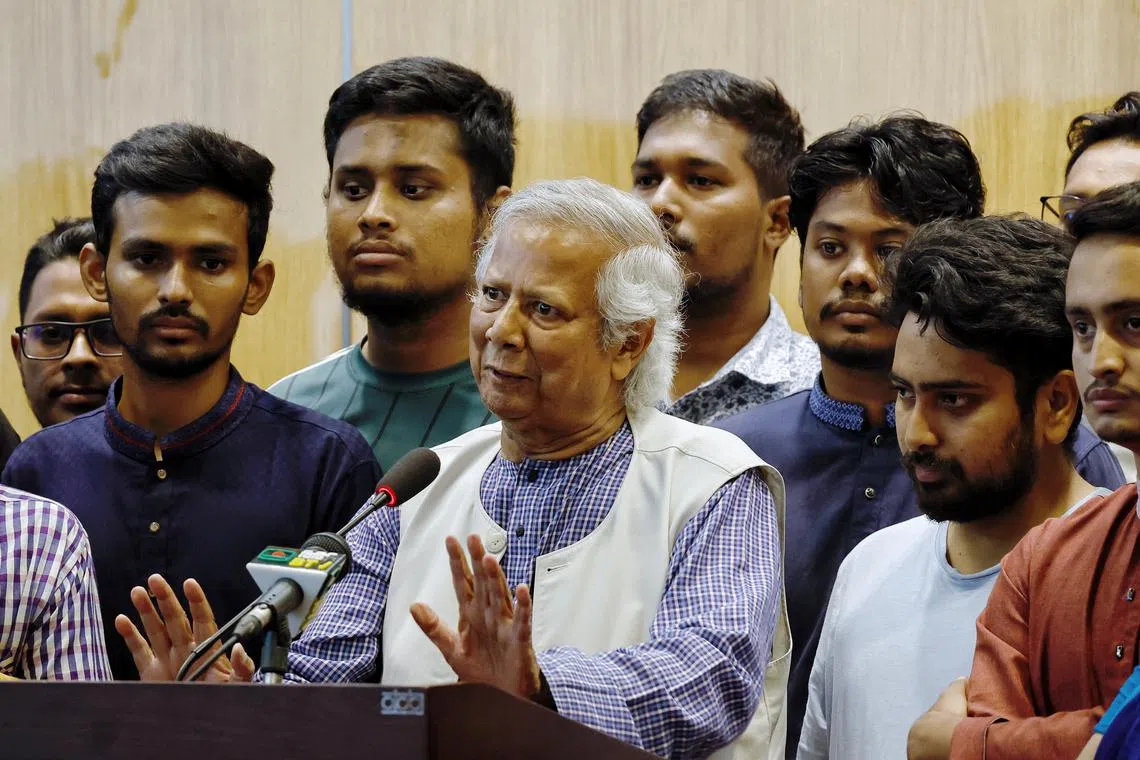 Nobel laureate Muhammad Yunus, who was recommended by Bangladeshi student leaders as the head of the interim government in Bangladesh, speaks during a press briefing, as he arrives at the Hazarat Shahjalal International Airport, in Dhaka, Bangladesh, August 8, 2024. REUTERS/Mohammad Ponir Hossain