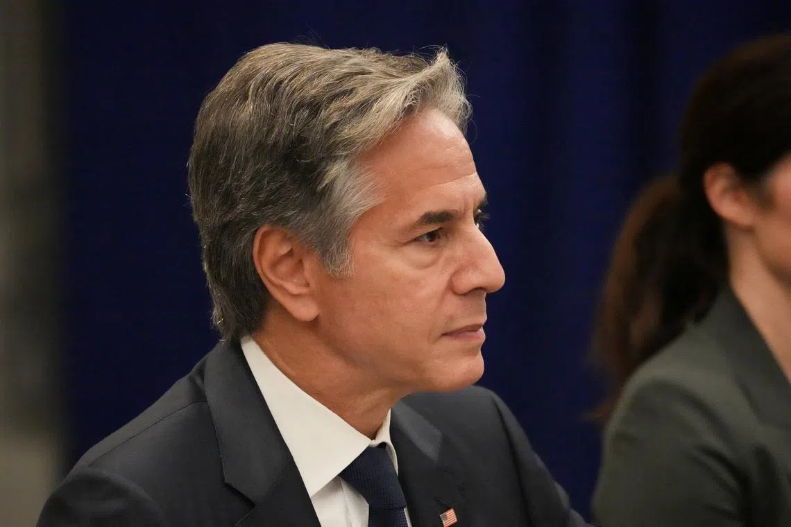 US Secretary of State Antony Blinken looks on during a meeting with South African Minister of International Relations and Cooperation Ronald Lamola at the Lotte Palace Hotel on September 26, 2024 in New York.  BRYAN R. SMITH/Pool via REUTERS