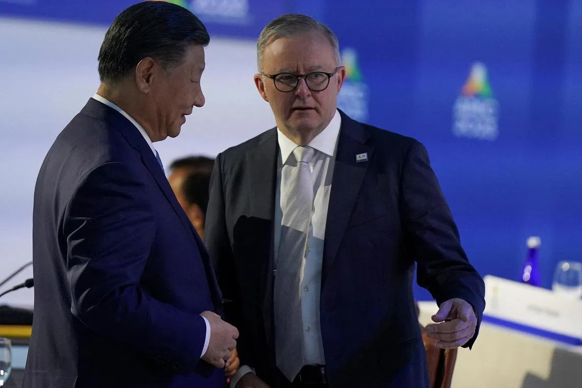 China's President Xi Jinping and Australia's Prime Minister Anthony Albanese at the Apec Summit in San Francisco on Nov 17, 2023.