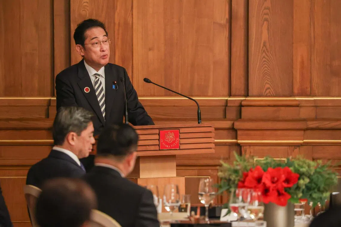 Japanese Prime Minister Fumio Kishida hosts a dinner at the Akasaka State Guest House, on Dec 16.
