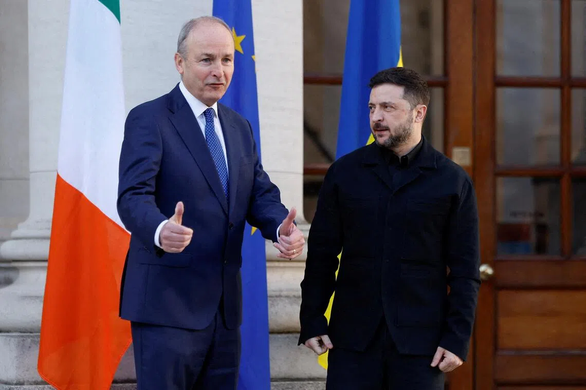Irish prime minister Micheal Martin (left) and Ukrainian President Volodymyr Zelensky on Dec 2, during Mr Zelensky's state visit to Ireland.