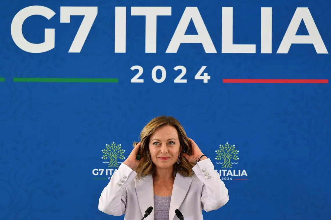 Italian Prime Minister Giorgia Meloni delivering a press conference after the G-7 summit, on June 15.