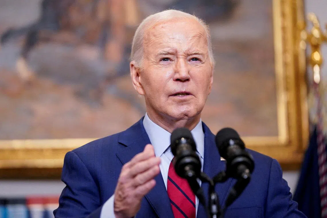 FILE PHOTO: U.S. President Joe Biden speaks about student protests at U.S. universities, amid the ongoing conflict between Israel and Hamas, during brief remarks in the Roosevelt Room at the White House in Washington, U.S., May 2, 2024. REUTERS/Nathan Howard/File Photo