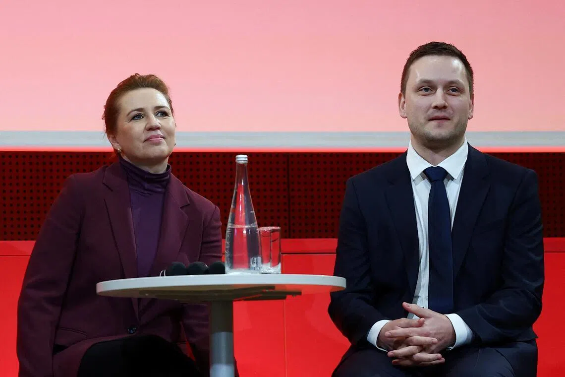 Denmark's Prime Minister Mette Frederiksen and Greenland's Prime Minister Jens-Frederik Nielsen take part in a conference at Sciences Po university in Paris, France, on Jan 28. 