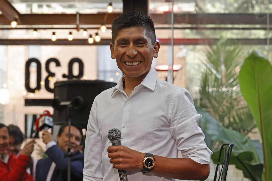 Colombian cyclist Nairo Quintana speaking during a press conference in Bogota, Colombia, on Jan 25, 2023.
