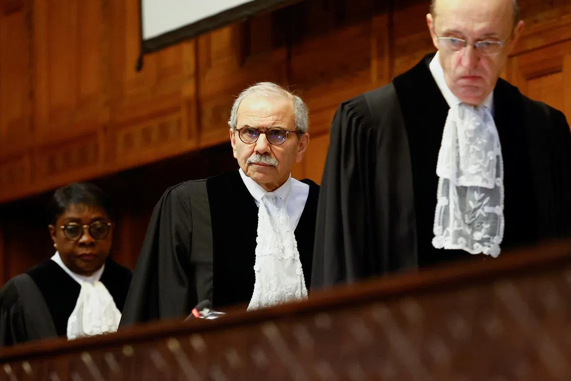 FILE PHOTO: Judge Nawaf Salam, president of the International Court of Justice (ICJ) arrives at a public hearing in The Hague, Netherlands, February 21, 2024. REUTERS/Piroschka van de Wouw/File Photo