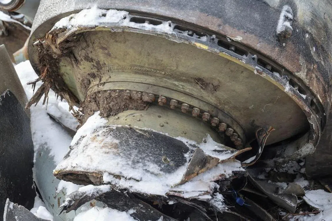 FILE PHOTO: A view shows a part of an unidentified missile, which Ukrainian authorities believe to be made in North Korea and was used in a strike in Kharkiv earlier this week, amid Russia's attack on Ukraine, in Kharkiv, Ukraine January 6, 2024. REUTERS/Vyacheslav Madiyevskyy/File Photo