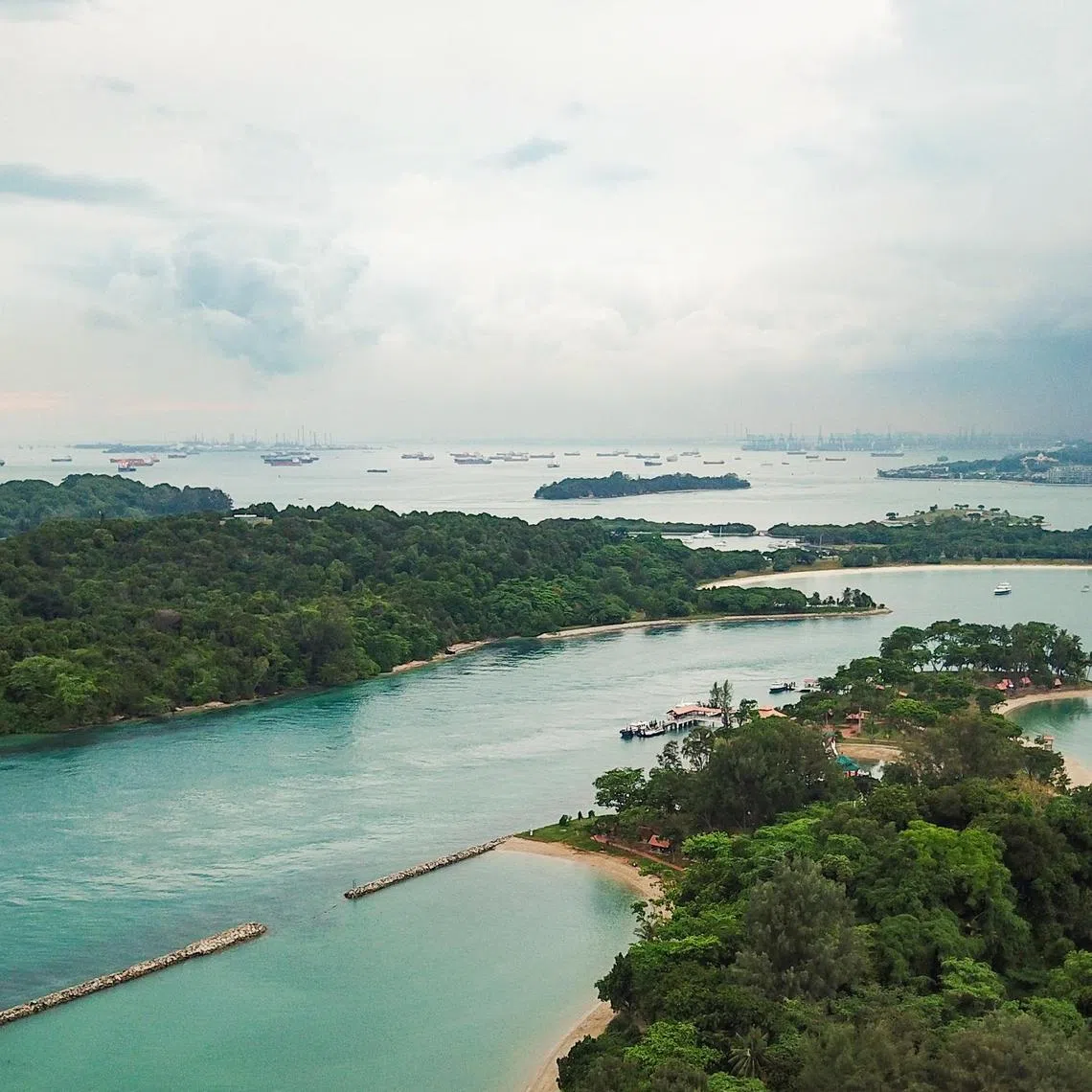 An aerial view of Lazarus South (top left) and Kusu Reef (bottom extreme right). 