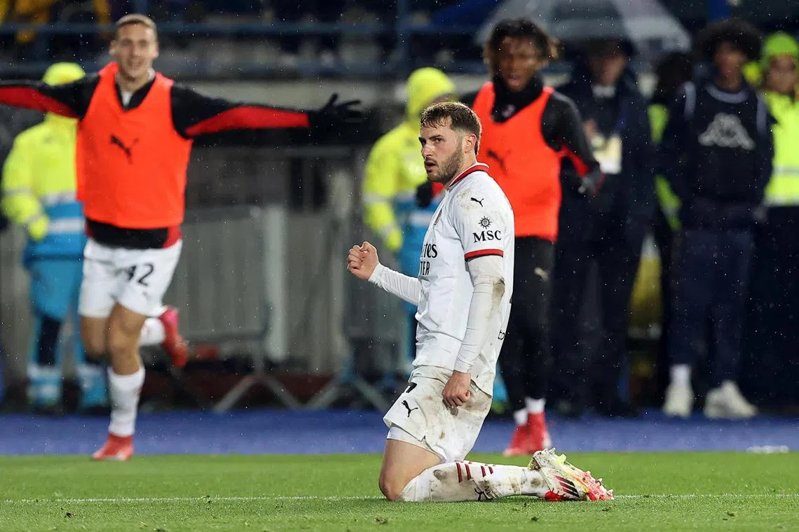 AC Milan’s Santiago Gimenez celebrates after scoring a goal in the 2-0 Italian Serie A win over Empoli.
