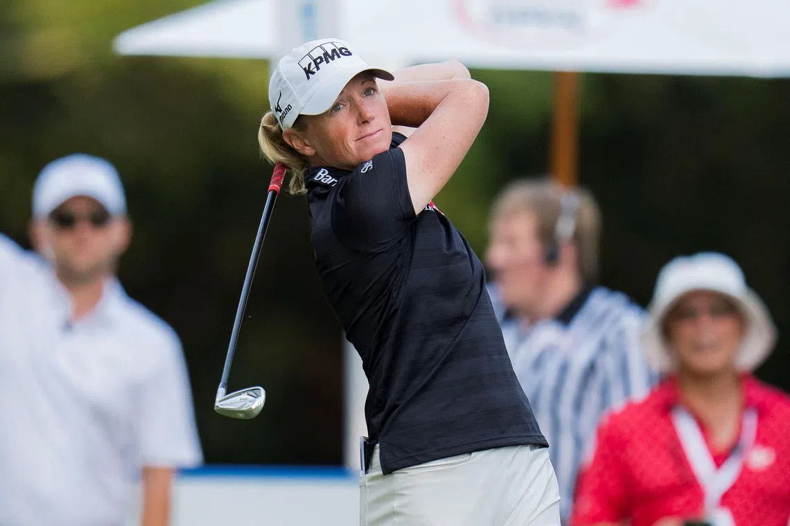 FILE PHOTO: Aug 24, 2023; Vancouver, British Columbia, CAN; Stacy Lewis tees off on the seventeenth hole during the first round of the CPKC Women's Open golf tournament at Shaughnessy Golf & Country Club. Mandatory Credit: Bob Frid-USA TODAY Sports/File Photo