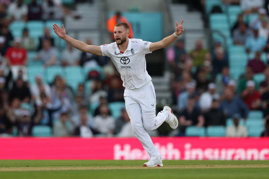 Cricket - International Test Match Series - Fifth Test - England v India - Kia Oval, London, Britain - August 1, 2025 England's Gus Atkinson celebrates after taking the wicket of India's Sai Sudharsan Action Images via Reuters/Paul Childs
