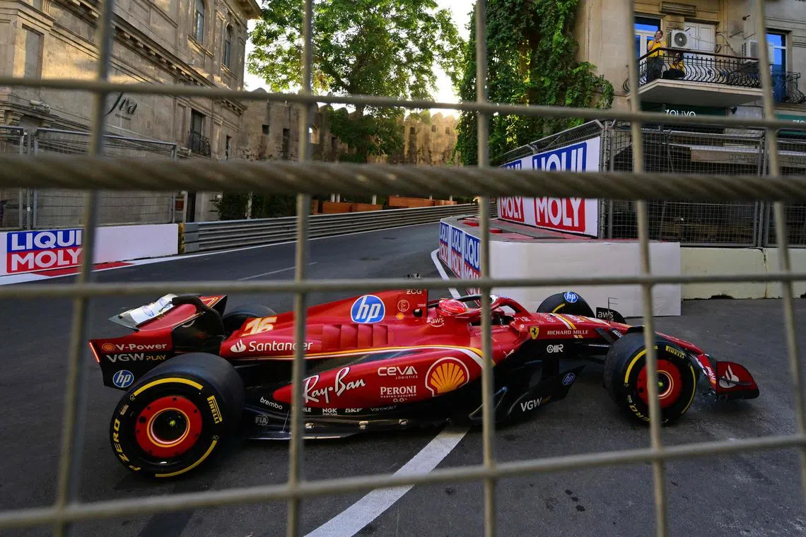 Ferrari's Charles Leclerc goes off the track in Baku, during the second practice session ahead of the Azerbaijan grand prix.