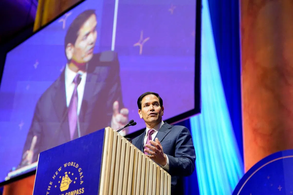FILE PHOTO: U.S. Secretary of State Marco Rubio speaks at the American Compass fifth anniversary gala at the National Building Museum in Washington, D.C., U.S., June 3, 2025. REUTERS/Nathan Howard/File Photo