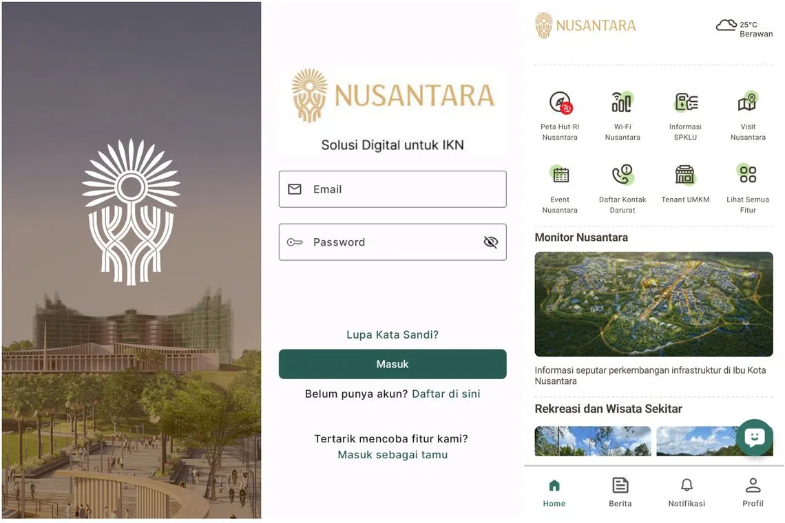 Screenshots from the IKNOW app, the official city smartphone app for Indonesia’s new capital city Ibu Kota Nusantara (IKN). In its final version, the app will allow residents to access public services easily. 