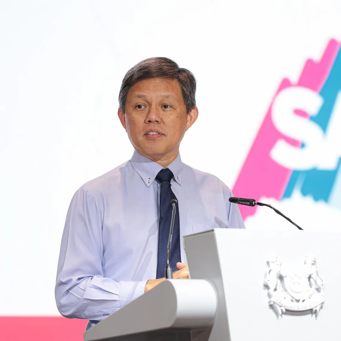 Defence Minister Chan Chun Sing speaking at the Mindef volunteers' dinner at Paradox Singapore Merchant Court on July 24.