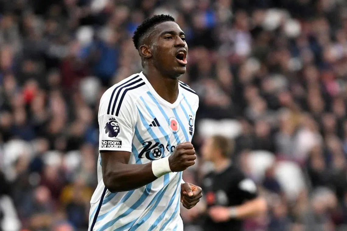 FILE PHOTO: Soccer Football - Premier League - West Ham United v Nottingham Forest - London Stadium, London, Britain - November 12, 2023 Nottingham Forest's Taiwo Awoniyi celebrates scoring their first goal REUTERS/Tony Obrien/File Photo