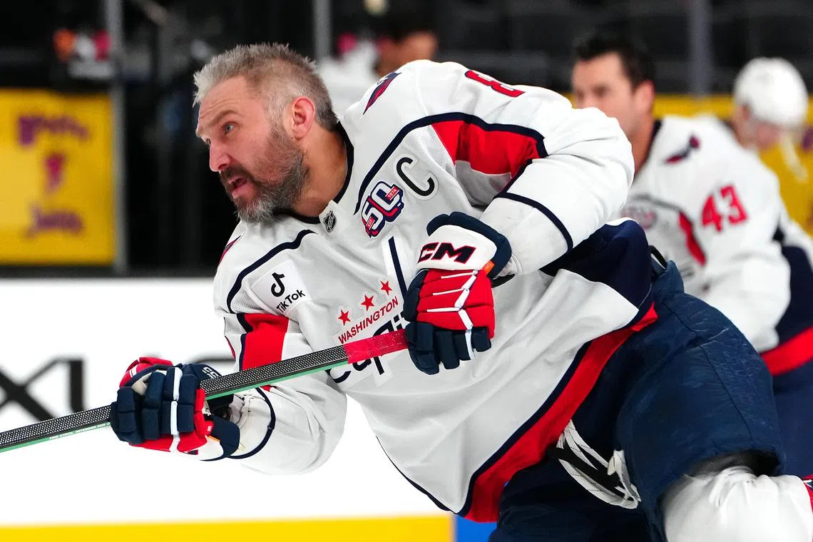 Nov 17, 2024; Las Vegas, Nevada, USA; Washington Capitals left wing Alex Ovechkin (8) warms up before a game against the Vegas Golden Knights at T-Mobile Arena. Mandatory Credit: Stephen R. Sylvanie-Imagn Images/ File Photo