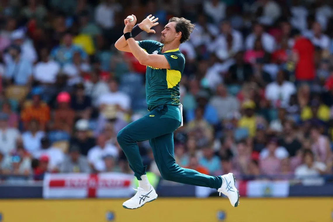 FILE PHOTO: Cricket - ICC T20 World Cup 2024 - Group B - Australia v England - Kensington Oval, Bridgetown, Barbados - June 8, 2024 Australia's Mitchell Starc in action REUTERS/Ash Allen/File Photo