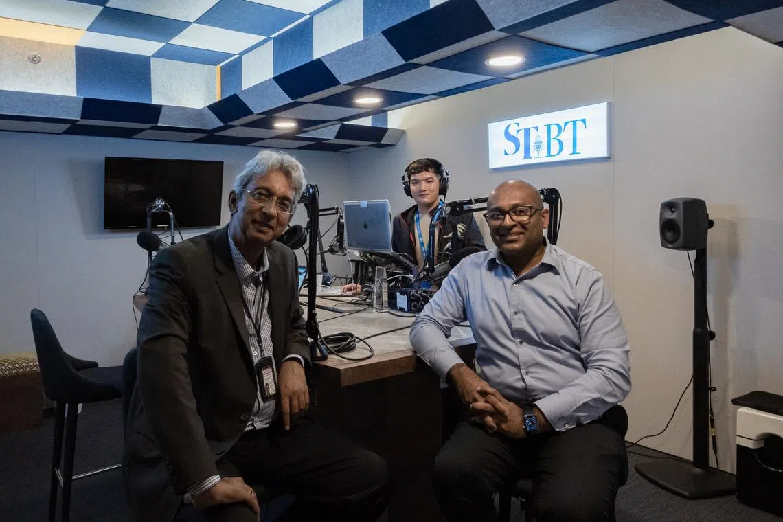 (From left) ST associate editor Ven Sreenivasan, podcast producer Teo Tong Kai and Thilan Wickramasinghe, Head of Research Singapore & Regional Head of Financials at Maybank Securities.