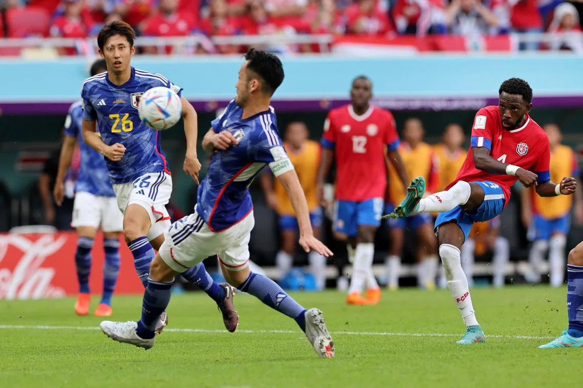 Costa Rica's Keysher Fuller scores his team's first goal at the Ahmad Bin Ali Stadium.