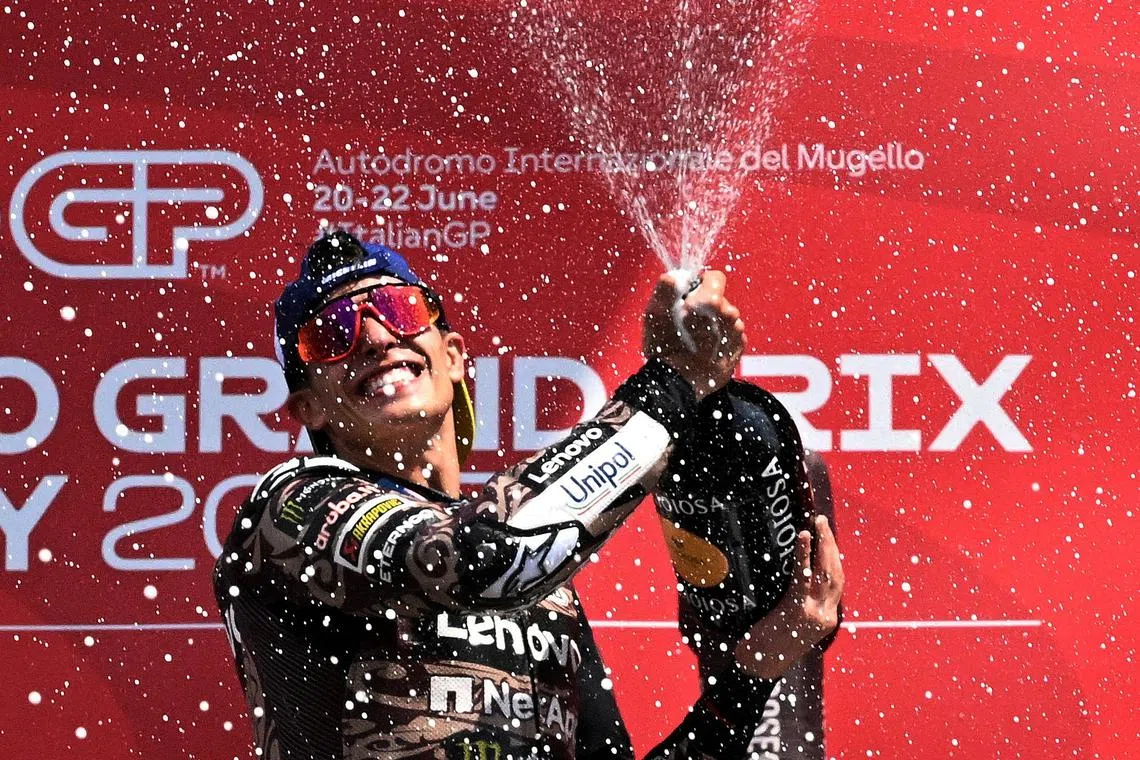 FILE PHOTO: MotoGP - Italian Grand Prix - Mugello Circuit, Scarperia e San Piero, Italy - June 22, 2025 Ducati Lenovo Team's Marc Marquez celebrates on the podium after winning the Italian Grand Prix REUTERS/Jennifer Lorenzini/File Photo