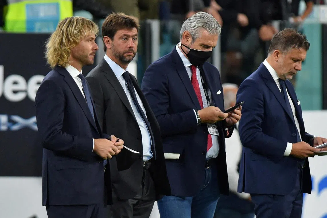 Juventus president Andrea Agnelli (second from left) and vice-chairman of the board of directors Pavel Nedved (far left).