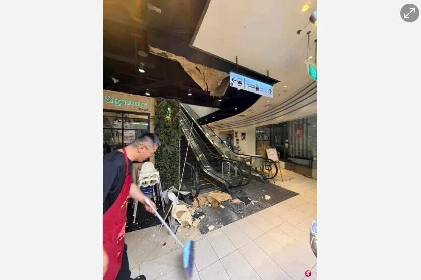 Ceiling panel in Square 2 mall falls, possibly due to prolonged moisture exposure; no injuries