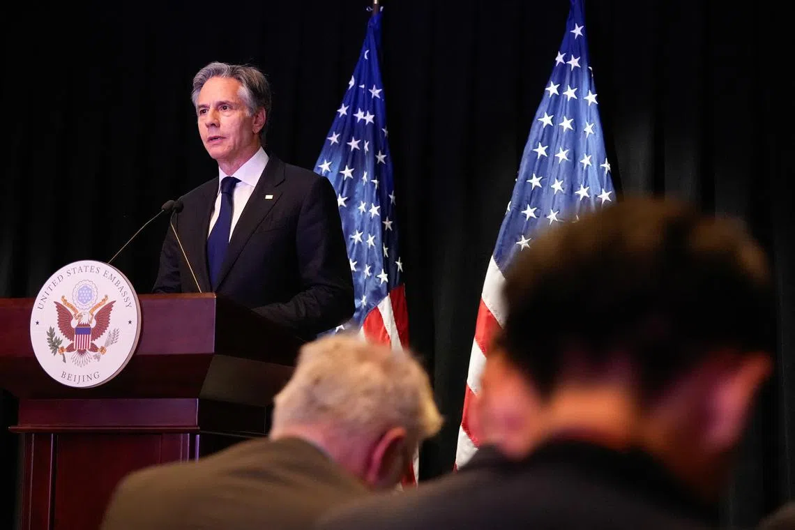 U.S. Secretary of State Antony Blinken speaks during a press conference at the U.S. Embassy in Beijing, China, April 26, 2024. Mark Schiefelbein/Pool via REUTERS