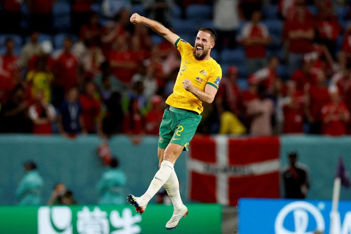 FILE PHOTO: Soccer Football - FIFA World Cup Qatar 2022 - Group D - Australia v Denmark - Al Janoub Stadium, Al Wakrah, Qatar - November 30, 2022 Australia's Milos Degenek celebrates after qualifying for the knockout stages REUTERS/John Sibley/File Photo