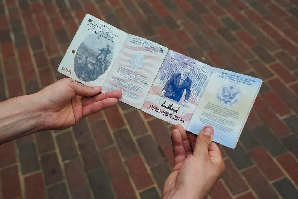 The limited-release US passports (right), intended to commemorate the nation’s 250th anniversary, feature a stoic illustration of Trump on the inside cover.