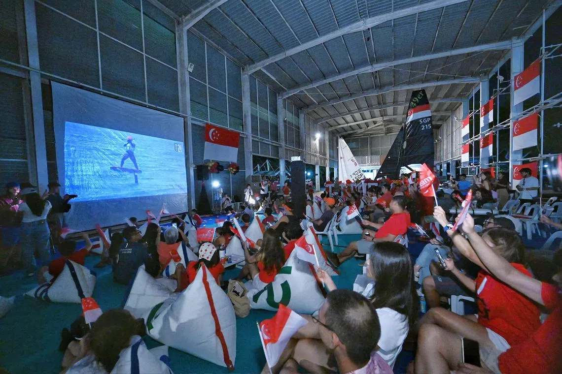 About 60 people gathered for a watch party at the National Sailing Centre to catch Maximilian Maeder's races in the Formula Kite final at the Paris Olympics on Aug 9.