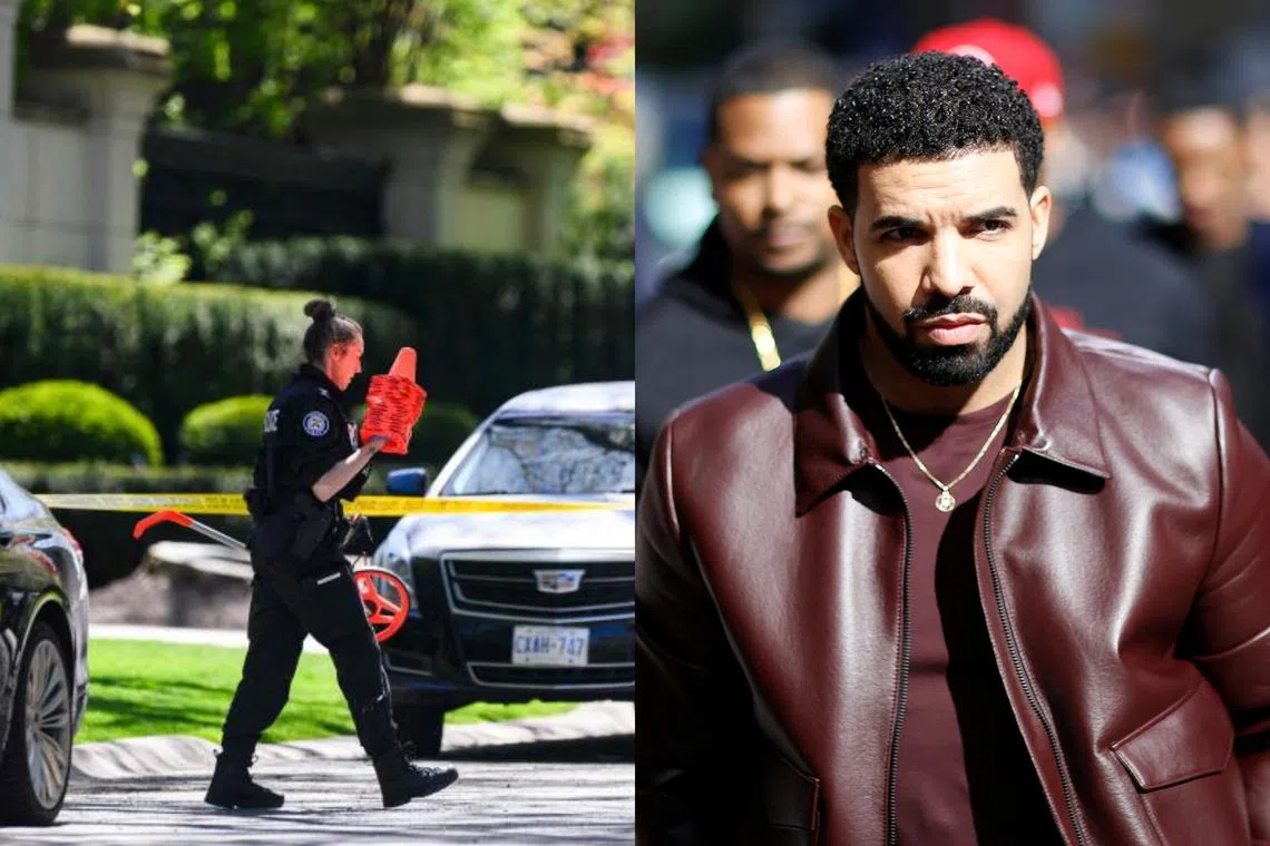 Toronto police patrolling (left) outside the home of Canadian rapper Drake (right), after reports of a shooting, early on May 7, 2023.