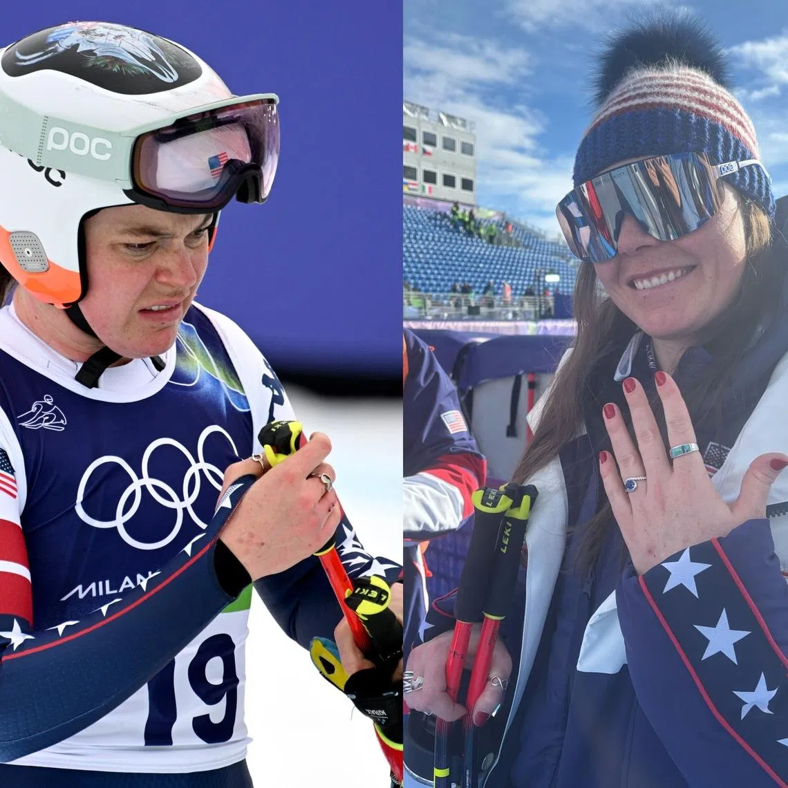 Breezy Johnson missed out on a gold medal after dropping out of the women's Super G (left), but gained a fiance when her boyfriend proposed at the finish line. 