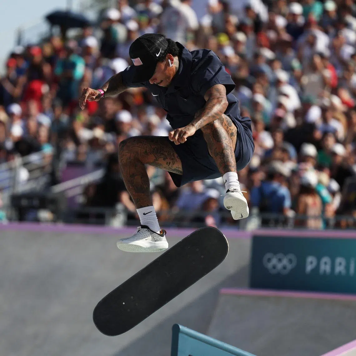 FILE PHOTO: Paris 2024 Olympics - Skateboarding - Men's Street Final - La Concorde 3, Paris, France - July 29, 2024. Nyjah Huston of United States in action during the final. REUTERS/Pilar Olivares/File Photo