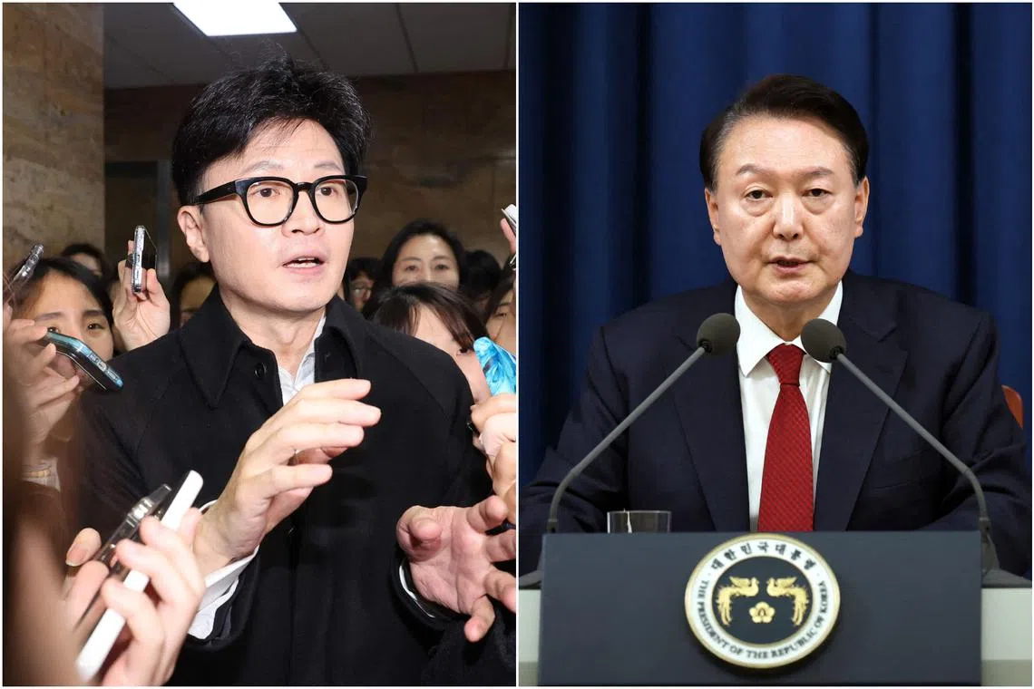 People Power Party's chief Han Dong-hoon (left) was once South Korean President Yoon Suk Yeol’s staunchest ally before their relationship soured over the first lady's Dior handbag scandal.