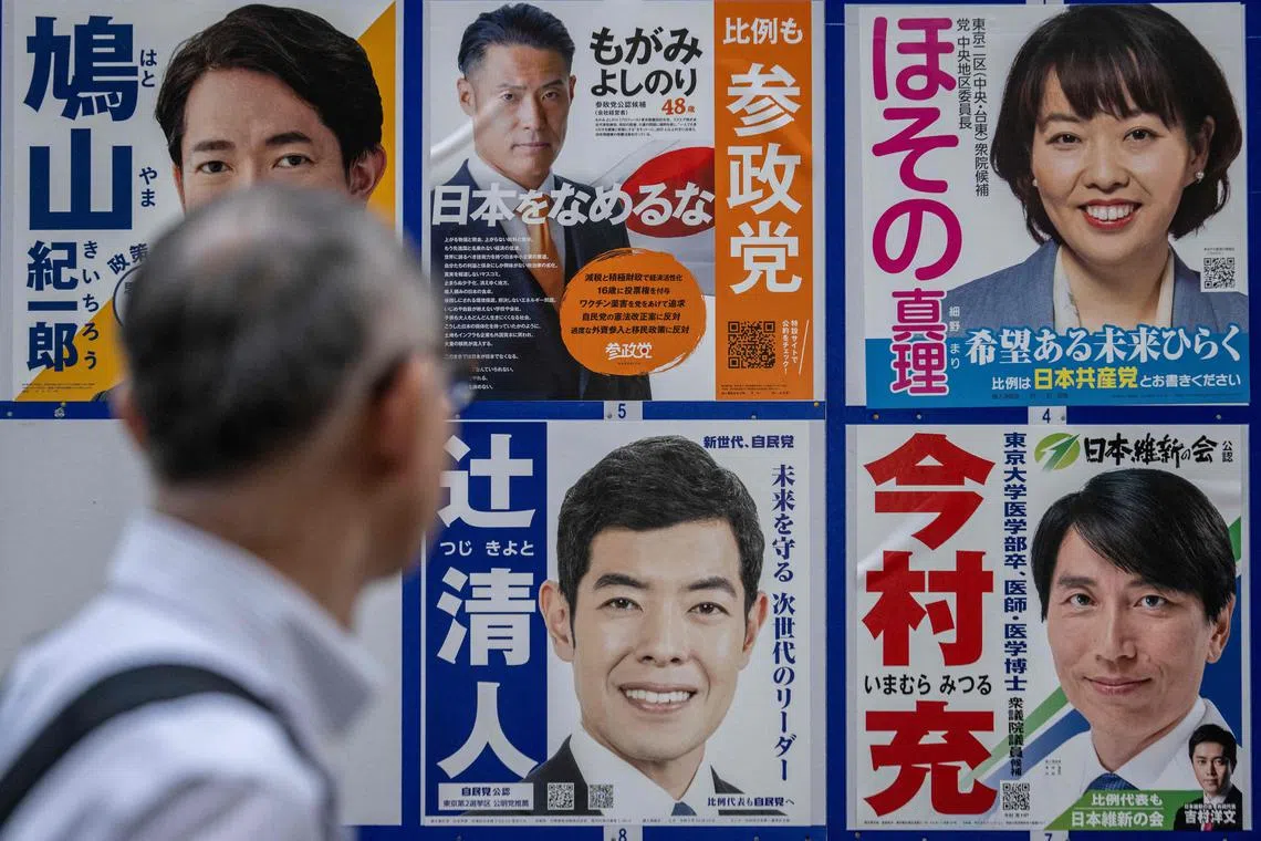 A man looks at campaign posters for the House of Representatives election in Tokyo on Oct 15, 2024.