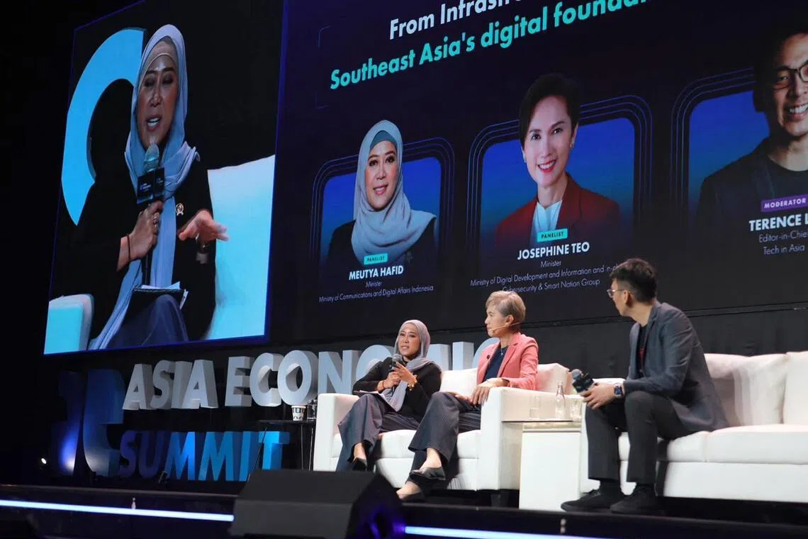 Indonesia’s Communications and Digital Affairs Minister Meutya Hafid (left) and Minister for Digital Development and Information Josephine Teo (centre) at the Asia Economic Summit 2026.