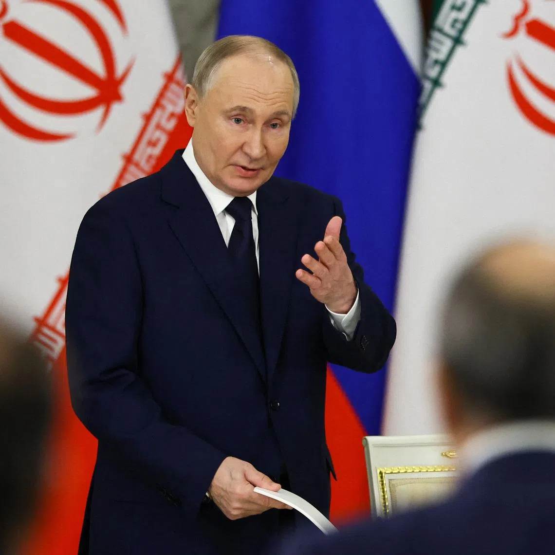 FILE PHOTO: Russian President Vladimir Putin speaks on the day he attends a documents signing ceremony with Iranian President Masoud Pezeshkian in Moscow, Russia January 17, 2025. REUTERS/Evgenia Novozhenina/Pool/ File Photo