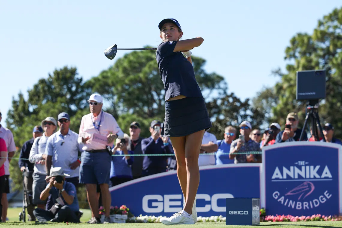 Nov 13, 2025; Belleair, Florida, USA; Kai Trump tees off on the thirteenth hole during the first round of The ANNIKA golf tournament at Pelican Golf Club. Mandatory Credit: Nathan Ray Seebeck-Imagn Images