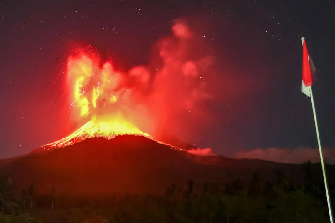 Mount Lewotobi Laki-Laki spewing lava and volcanic ash up to approximately 10km high, on Aug 1.