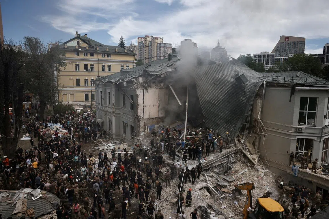 FILE PHOTO: Rescuers work at Ohmatdyt Children's Hospital that was damaged during Russian missile strikes, amid Russia's attack on Ukraine, in Kyiv, Ukraine July 8, 2024. REUTERS/Thomas Peter/File Photo