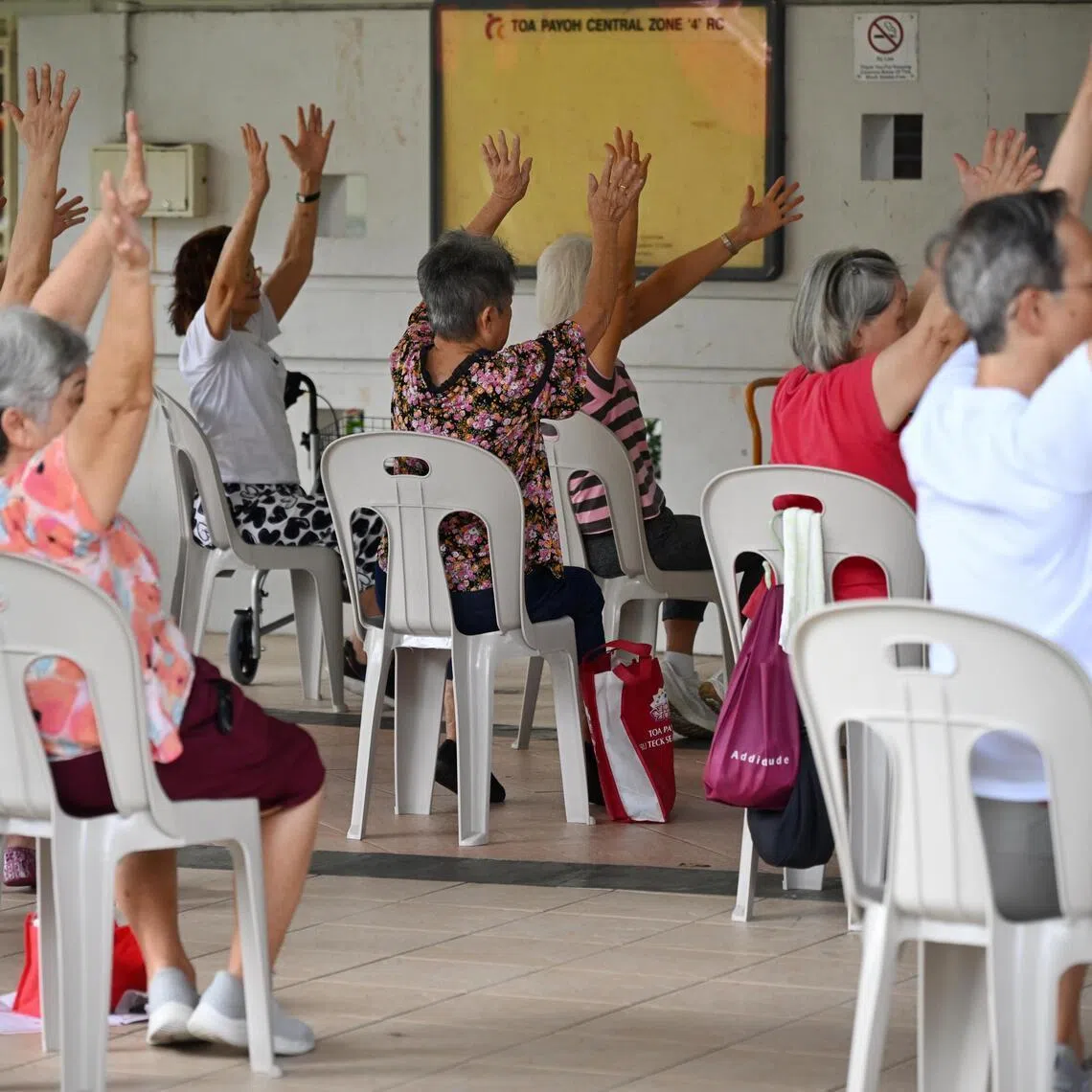 ST20260602_202669200873 Kua Chee Siong/ pixgeneric/ Generic pix of elderly residents engaging in a community exercise programme at a sheltered space in Toa Payoh Lorong 1, on June 2, 2026.