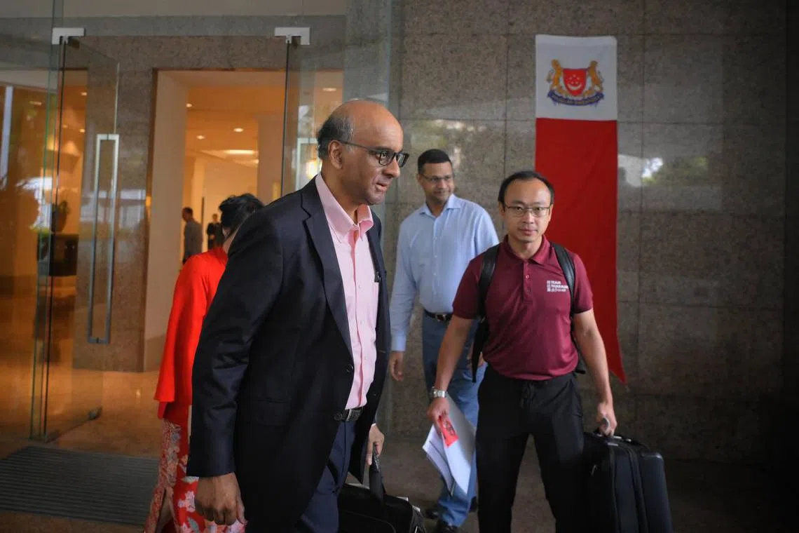 Former senior minister Tharman Shanmugaratnam leaving his hotel for the Nomination Centre.