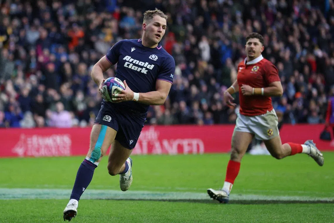 FILE PHOTO: Rugby Union - Autumn Internationals - Scotland v Tonga - Murrayfield Stadium, Edinburgh, Scotland, Britain - November 23, 2025 Scotland's Duhan van der Merwe in action before scoring their fourth try REUTERS/Russell Cheyne/File Photo