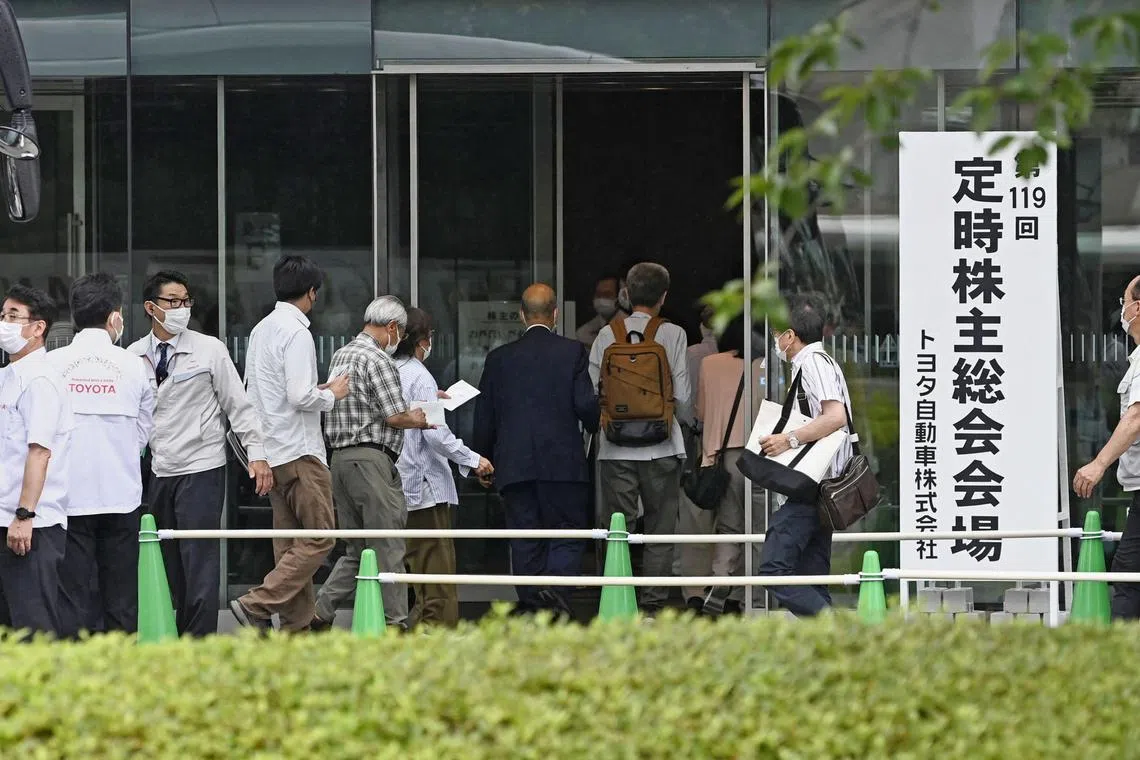 Shareholders at Toyota Motor's annual general meeting at the company headquarters in Toyota City on June 14, 2023.
