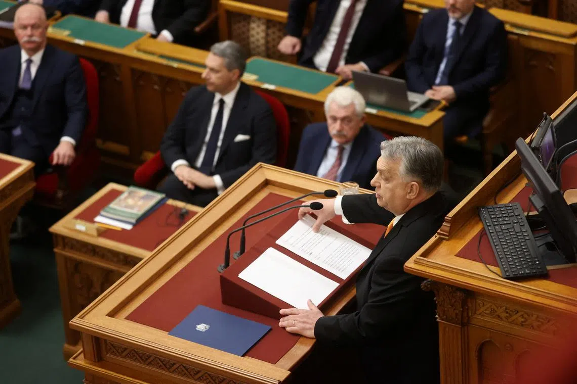 Hungarian Prime Minister Viktor Orban addresses the parliament in Budapest, Hungary, February 26, 2024. REUTERS/Bernadett Szabo