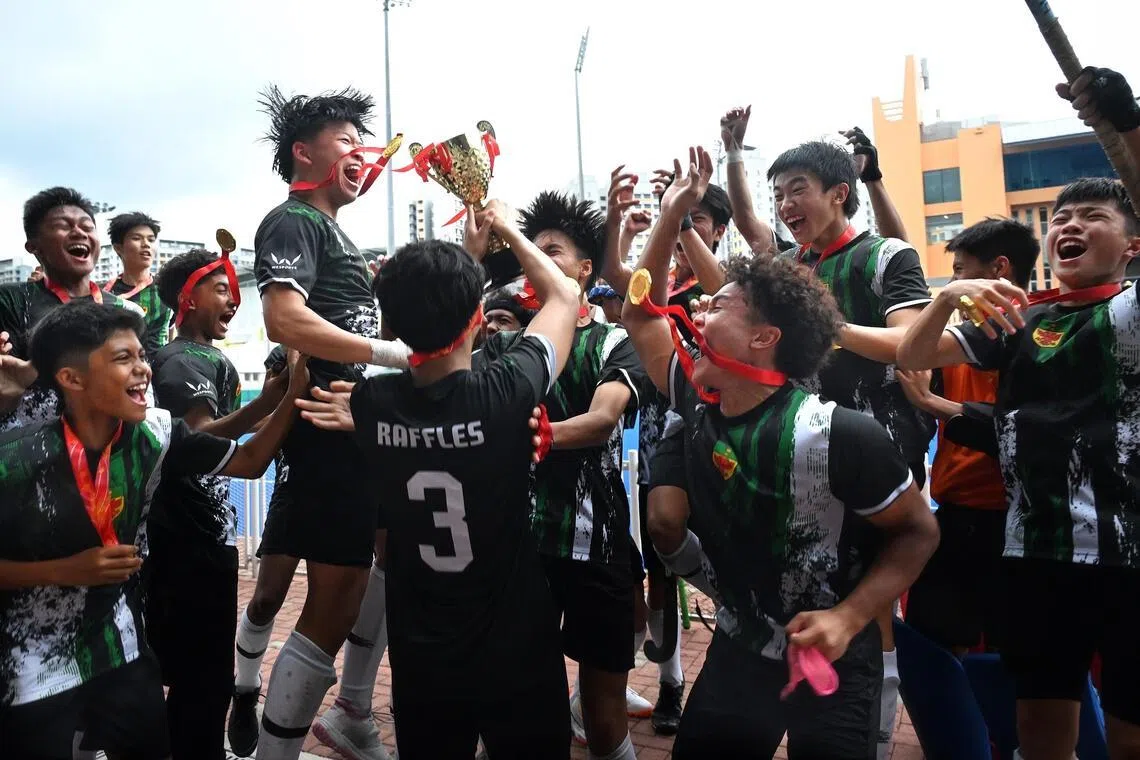 RI’s hockey team celebrating their victory against Seng Kang Secondary School in the National School Games B Division boys’ hockey final on April 20.