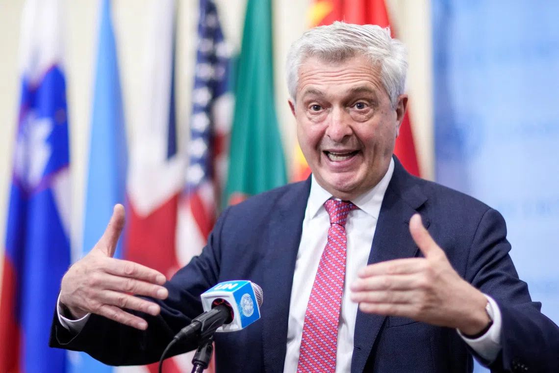 Filippo Grandi, United Nations High Commissioner for Refugees gives his remarks after attending a Security Council at U.N. Headquarters in New York City, U.S., April 28, 2025. REUTERS/Eduardo Munoz