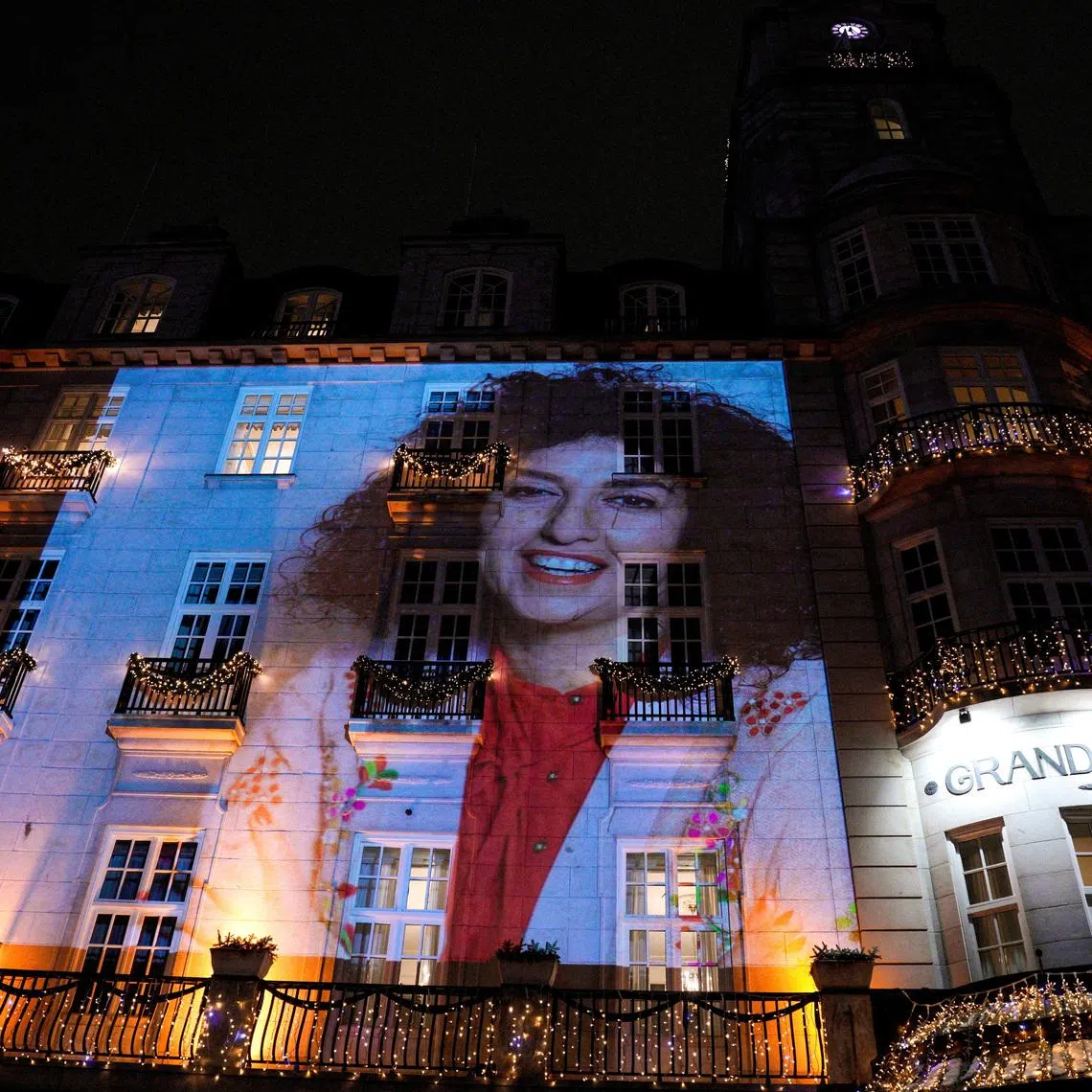 FILE PHOTO: A picture of Nobel Peace Prize winner Narges Mohammadi on the wall of the Grand Hotel in central Oslo before the Nobel banquet, in connection with the awarding of the Nobel Peace Prize 2023, in Oslo, Norway December 10, 2023. NTB/Javad Parsa via REUTERS/File Photo
