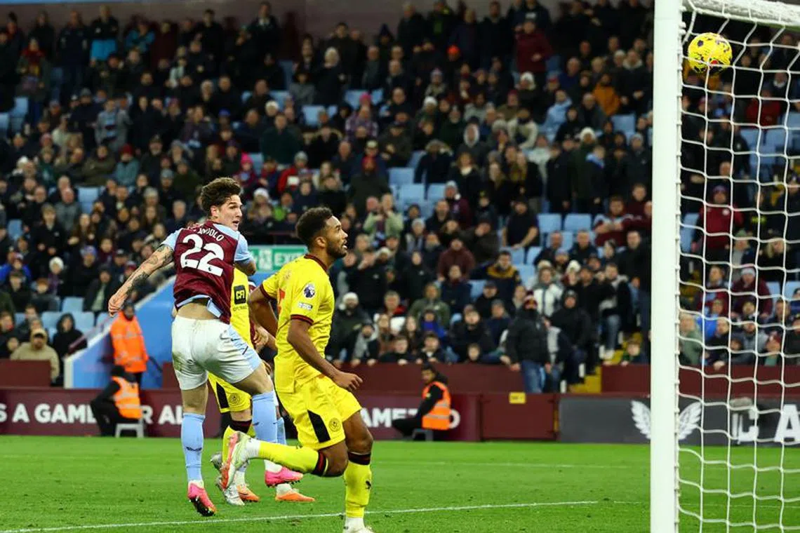 Soccer Football - Premier League - Aston Villa v Sheffield United - Villa Park, Birmingham, Britain - December 22, 2023 Aston Villa's Nicolo Zaniolo scores their first goal REUTERS/Molly Darlington